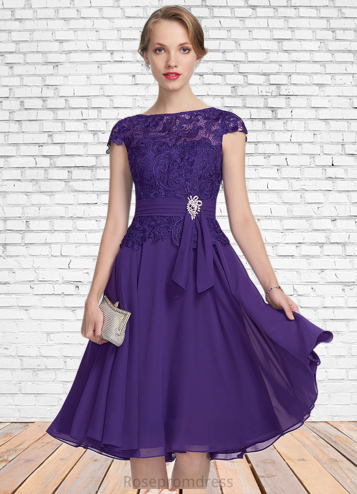 Shyann A-Line Scoop Neck Knee-Length Chiffon Lace Mother of the Bride Dress With Beading SRS126P0014814