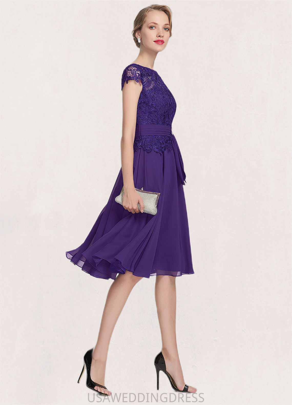 Brooklynn A-Line Scoop Neck Knee-Length Chiffon Lace Mother of the Bride Dress With Beading DS126P0014814