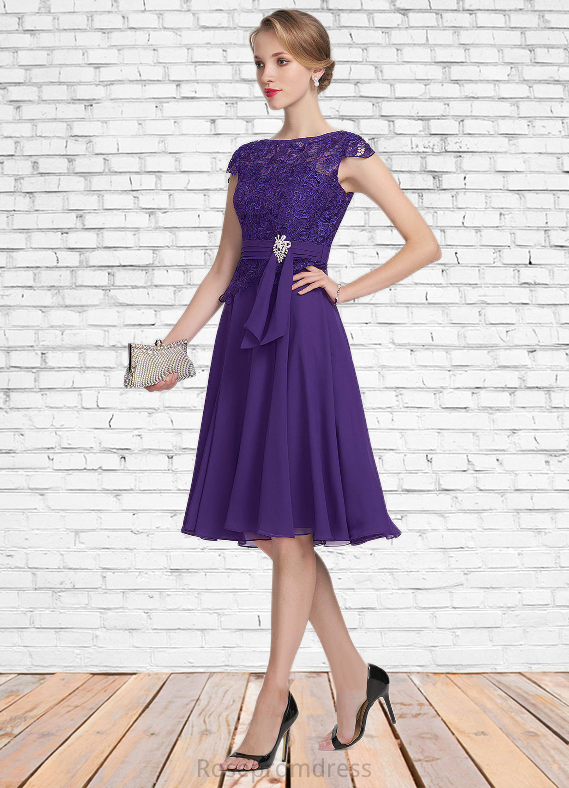 Shyann A-Line Scoop Neck Knee-Length Chiffon Lace Mother of the Bride Dress With Beading SRS126P0014814