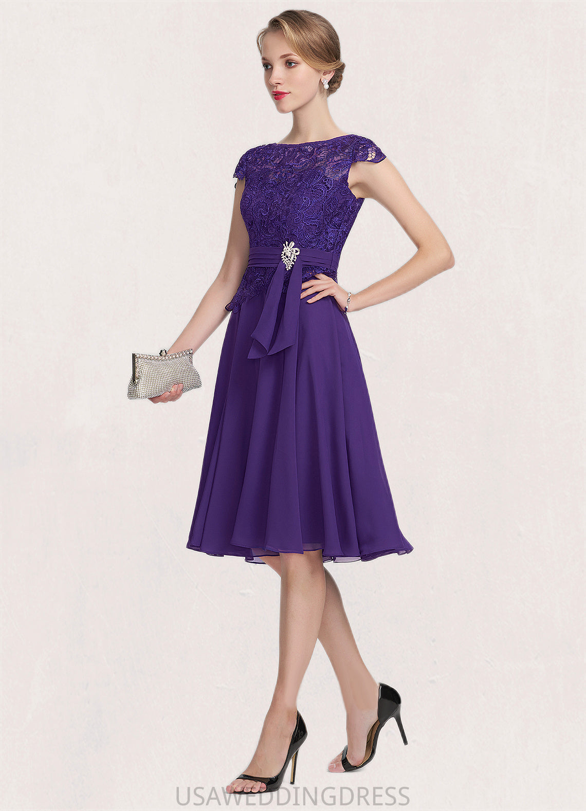 Brooklynn A-Line Scoop Neck Knee-Length Chiffon Lace Mother of the Bride Dress With Beading DS126P0014814