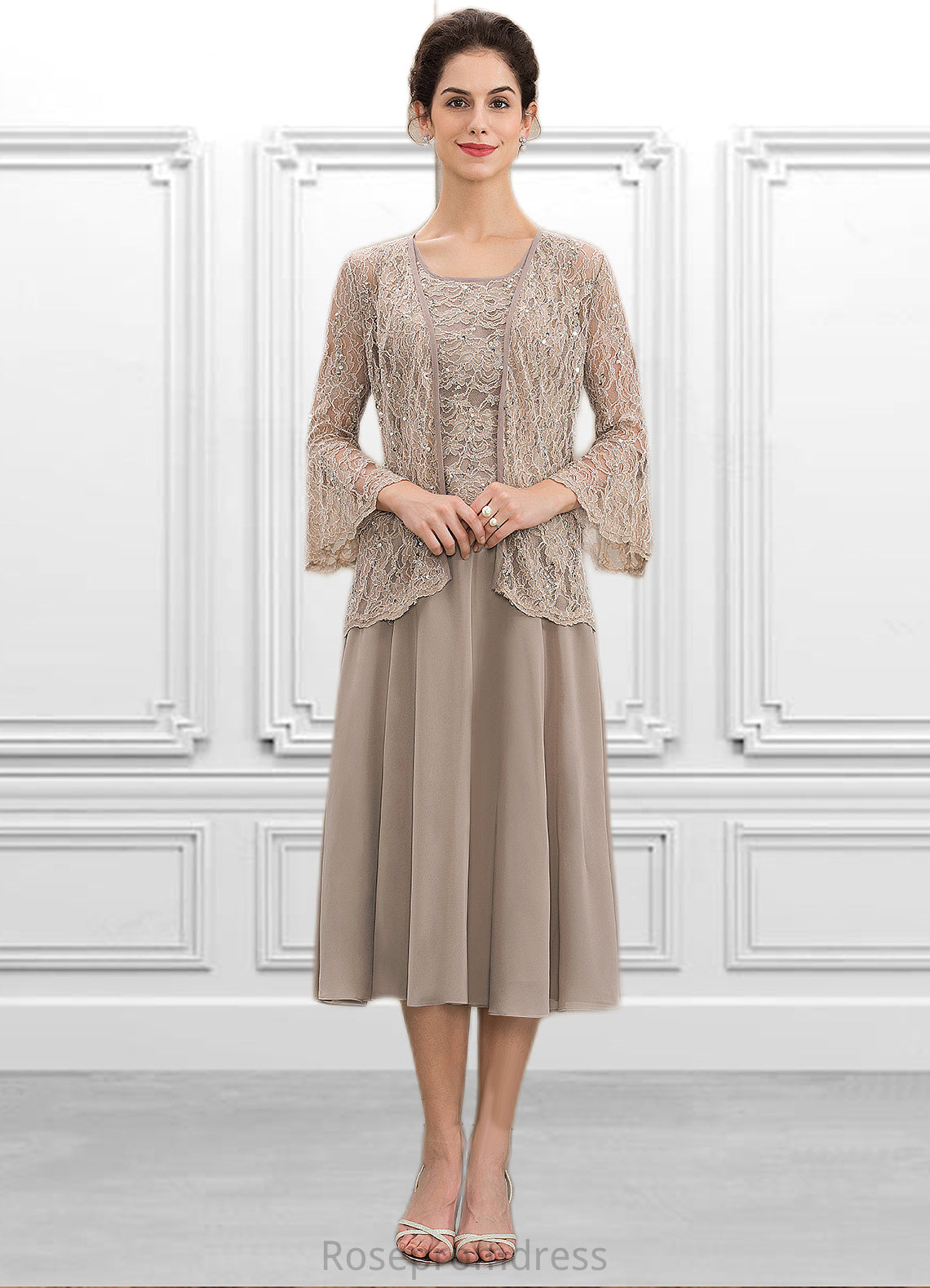Rayna A-Line Scoop Neck Tea-Length Chiffon Lace Mother of the Bride Dress With Sequins SRS126P0014816