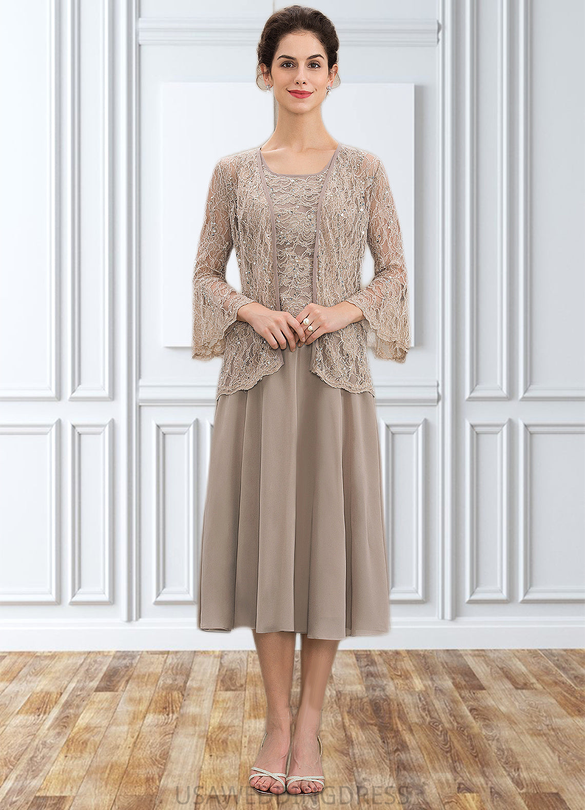 Lauretta A-Line Scoop Neck Tea-Length Chiffon Lace Mother of the Bride Dress With Sequins DS126P0014816