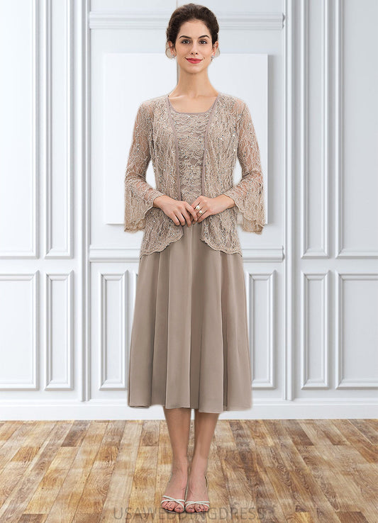 Lauretta A-Line Scoop Neck Tea-Length Chiffon Lace Mother of the Bride Dress With Sequins DS126P0014816