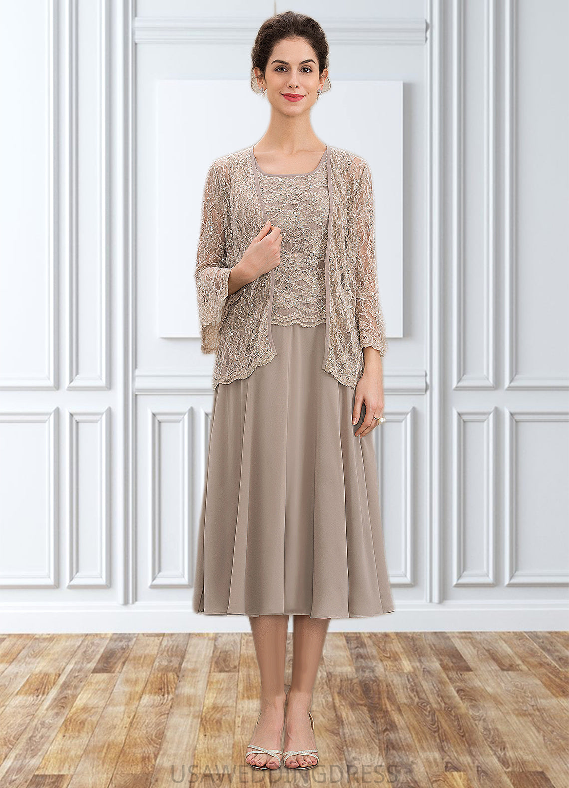 Lauretta A-Line Scoop Neck Tea-Length Chiffon Lace Mother of the Bride Dress With Sequins DS126P0014816