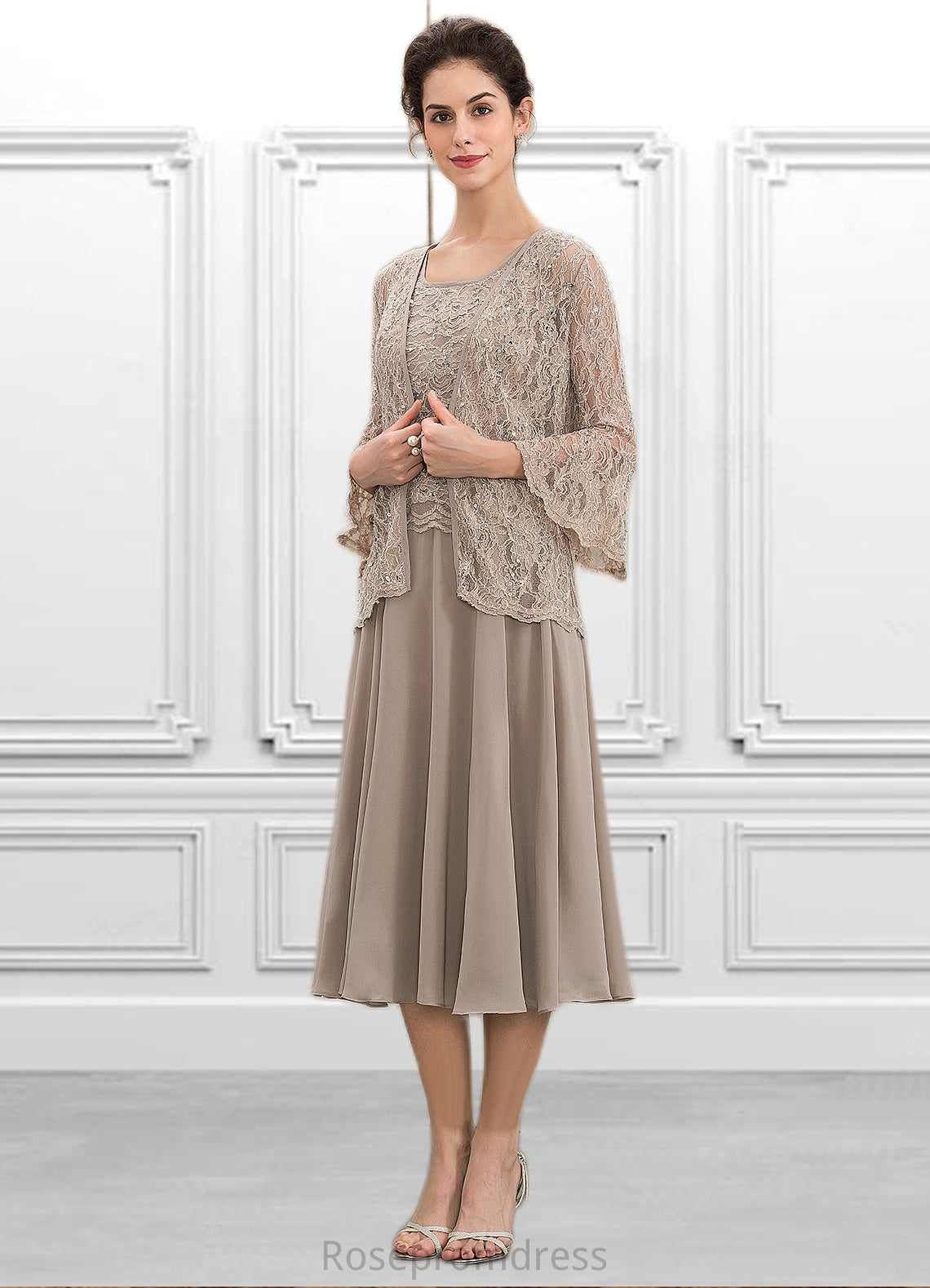 Rayna A-Line Scoop Neck Tea-Length Chiffon Lace Mother of the Bride Dress With Sequins SRS126P0014816
