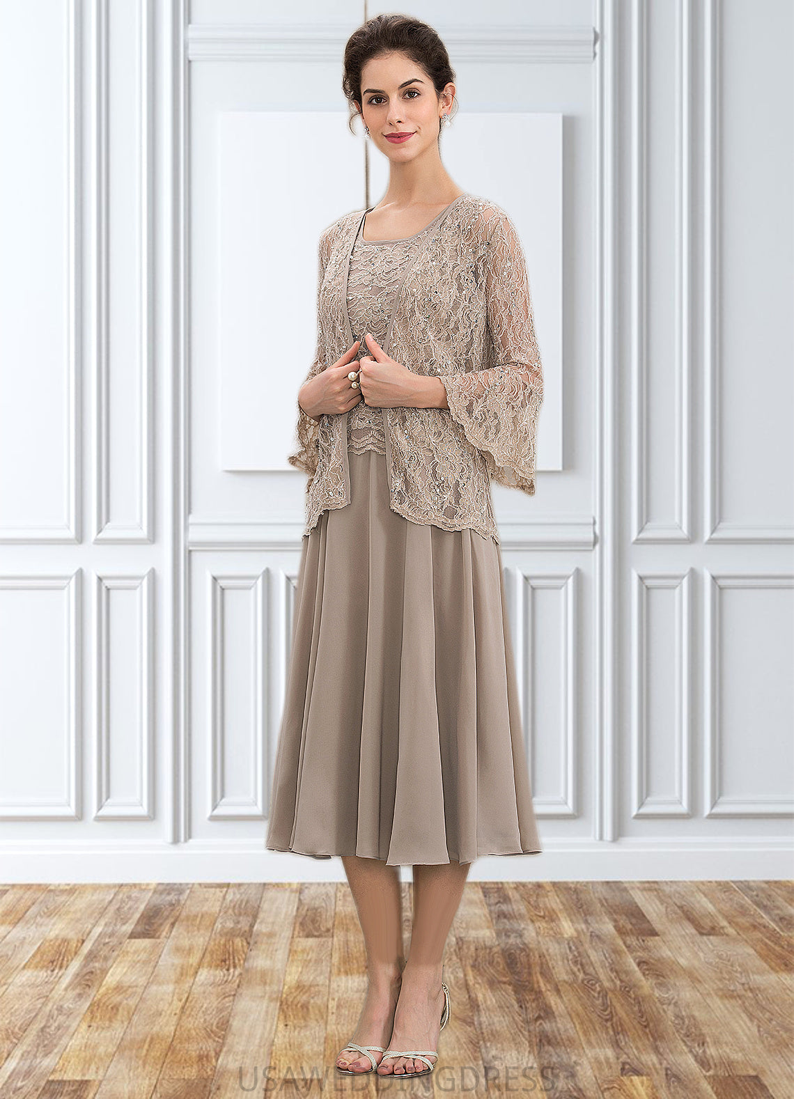 Lauretta A-Line Scoop Neck Tea-Length Chiffon Lace Mother of the Bride Dress With Sequins DS126P0014816
