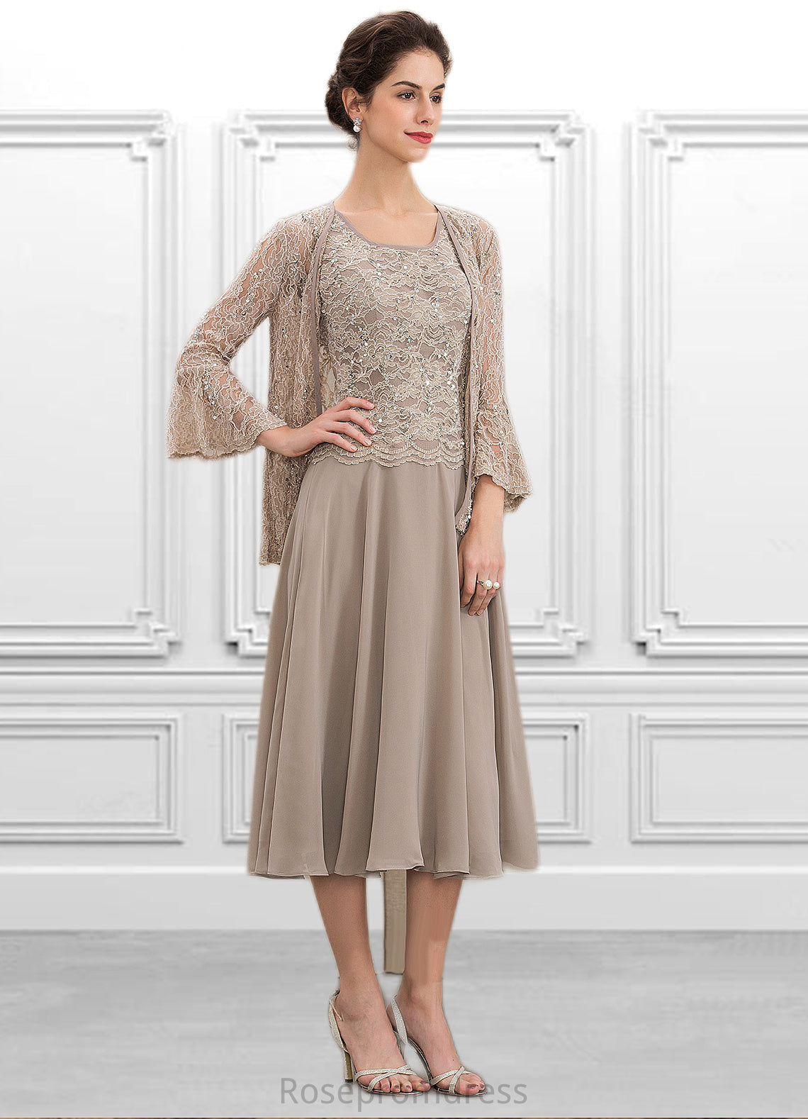 Rayna A-Line Scoop Neck Tea-Length Chiffon Lace Mother of the Bride Dress With Sequins SRS126P0014816