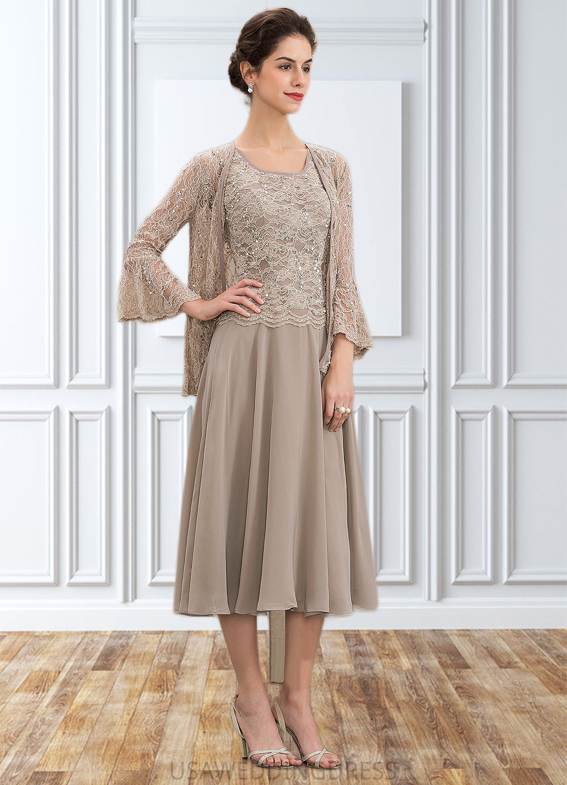 Lauretta A-Line Scoop Neck Tea-Length Chiffon Lace Mother of the Bride Dress With Sequins DS126P0014816