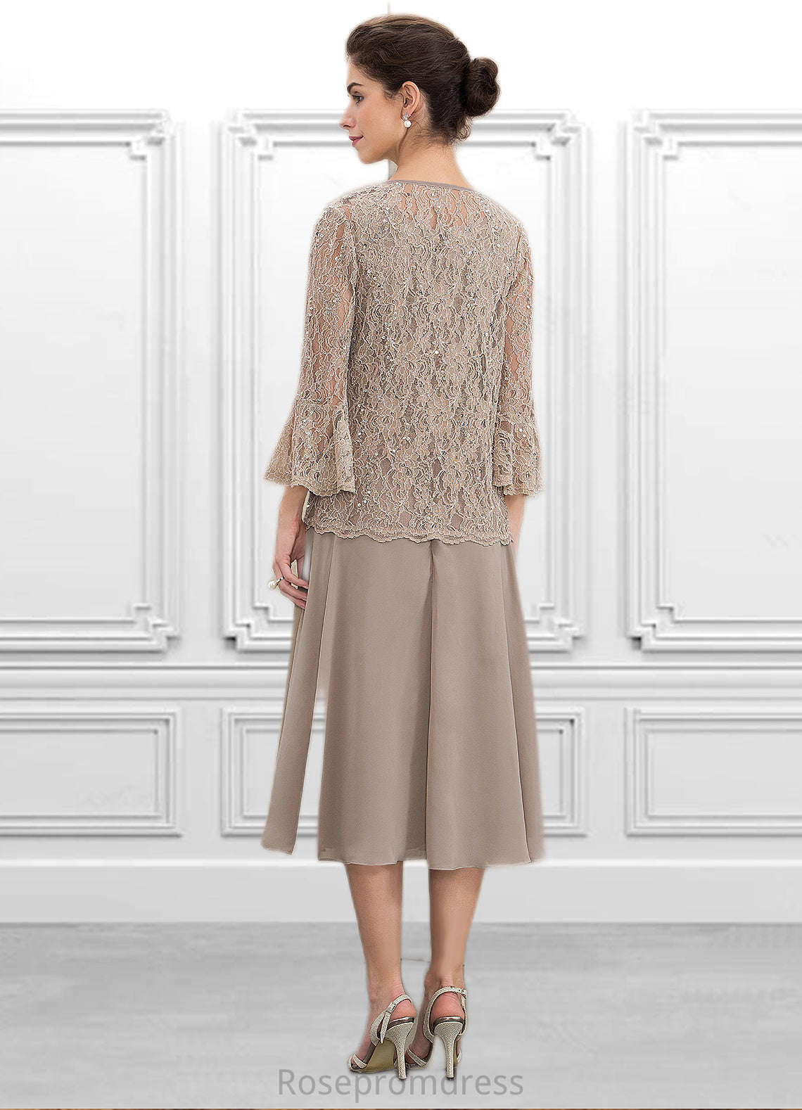 Rayna A-Line Scoop Neck Tea-Length Chiffon Lace Mother of the Bride Dress With Sequins SRS126P0014816