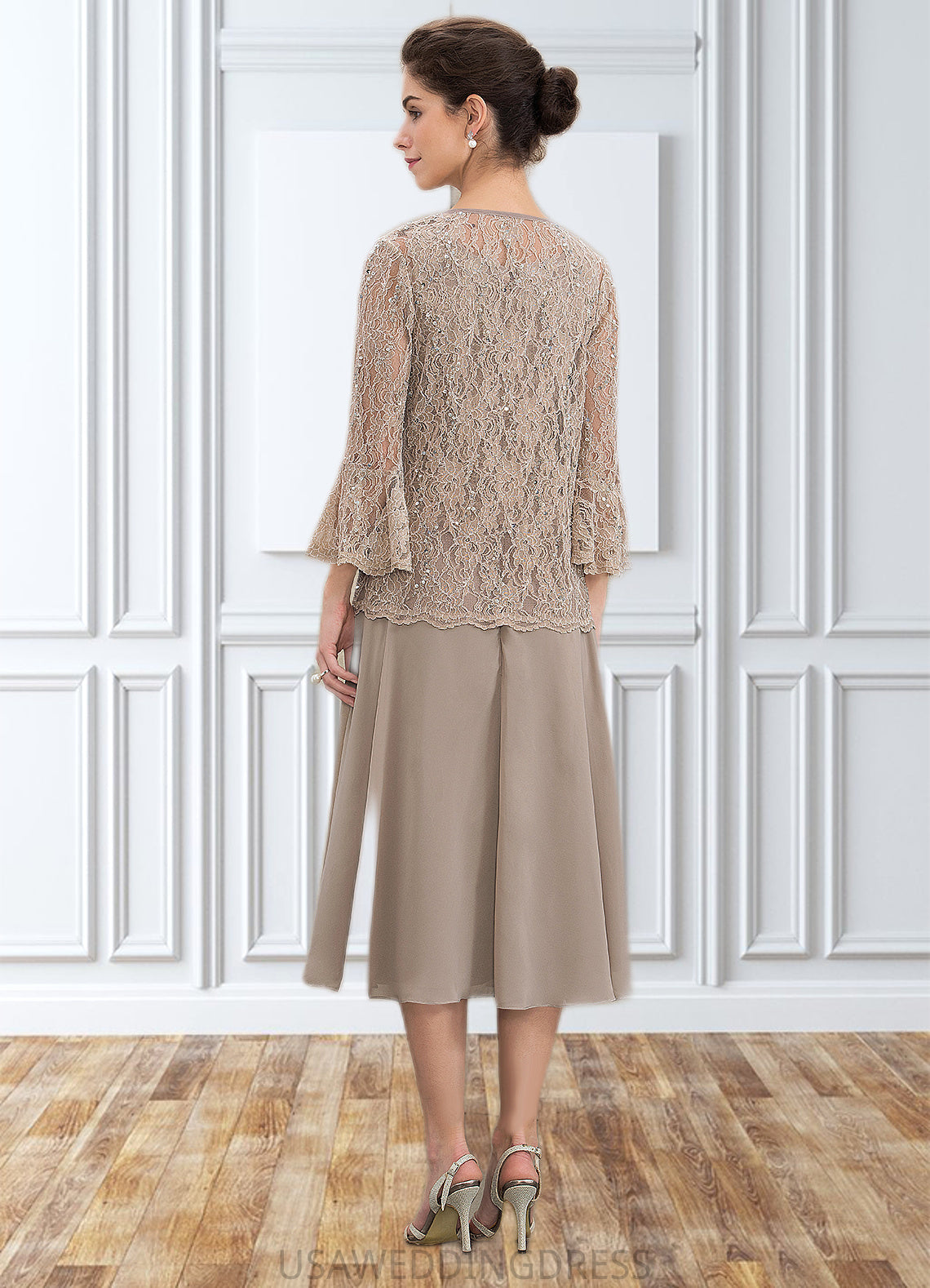 Lauretta A-Line Scoop Neck Tea-Length Chiffon Lace Mother of the Bride Dress With Sequins DS126P0014816