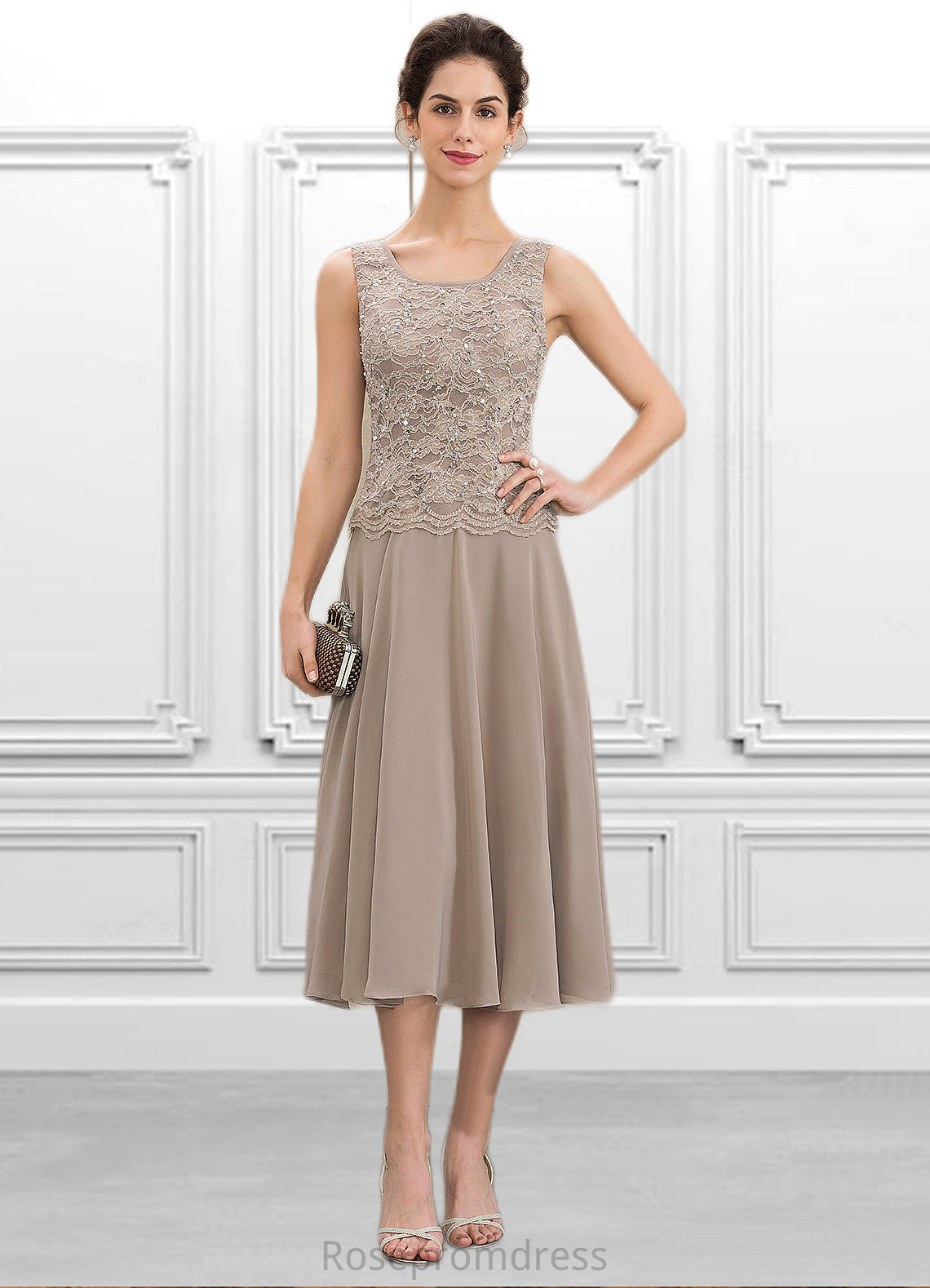 Rayna A-Line Scoop Neck Tea-Length Chiffon Lace Mother of the Bride Dress With Sequins SRS126P0014816