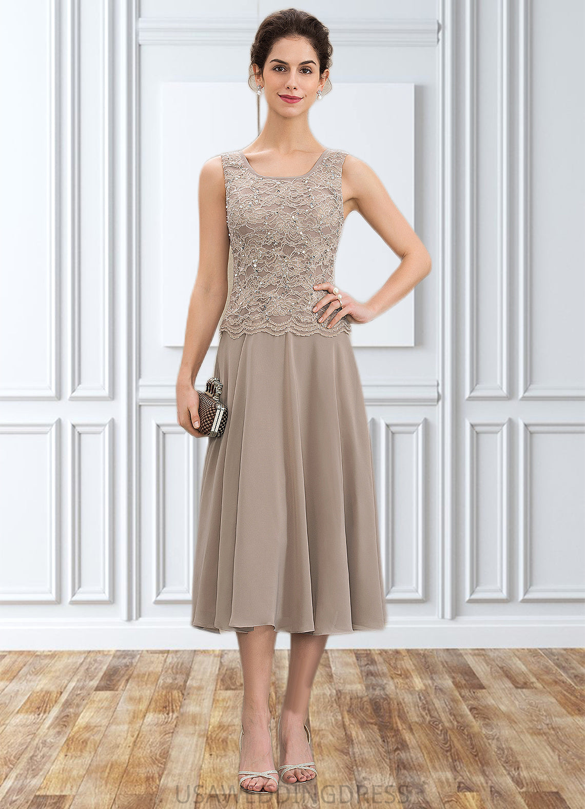 Lauretta A-Line Scoop Neck Tea-Length Chiffon Lace Mother of the Bride Dress With Sequins DS126P0014816