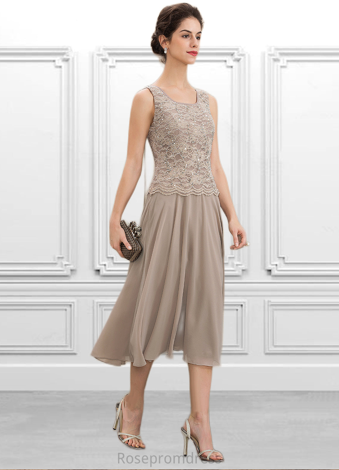 Rayna A-Line Scoop Neck Tea-Length Chiffon Lace Mother of the Bride Dress With Sequins SRS126P0014816