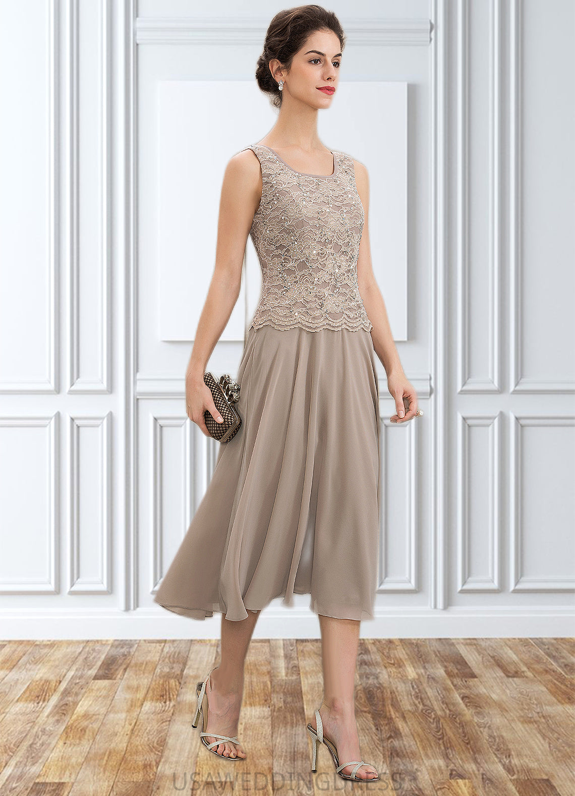 Lauretta A-Line Scoop Neck Tea-Length Chiffon Lace Mother of the Bride Dress With Sequins DS126P0014816