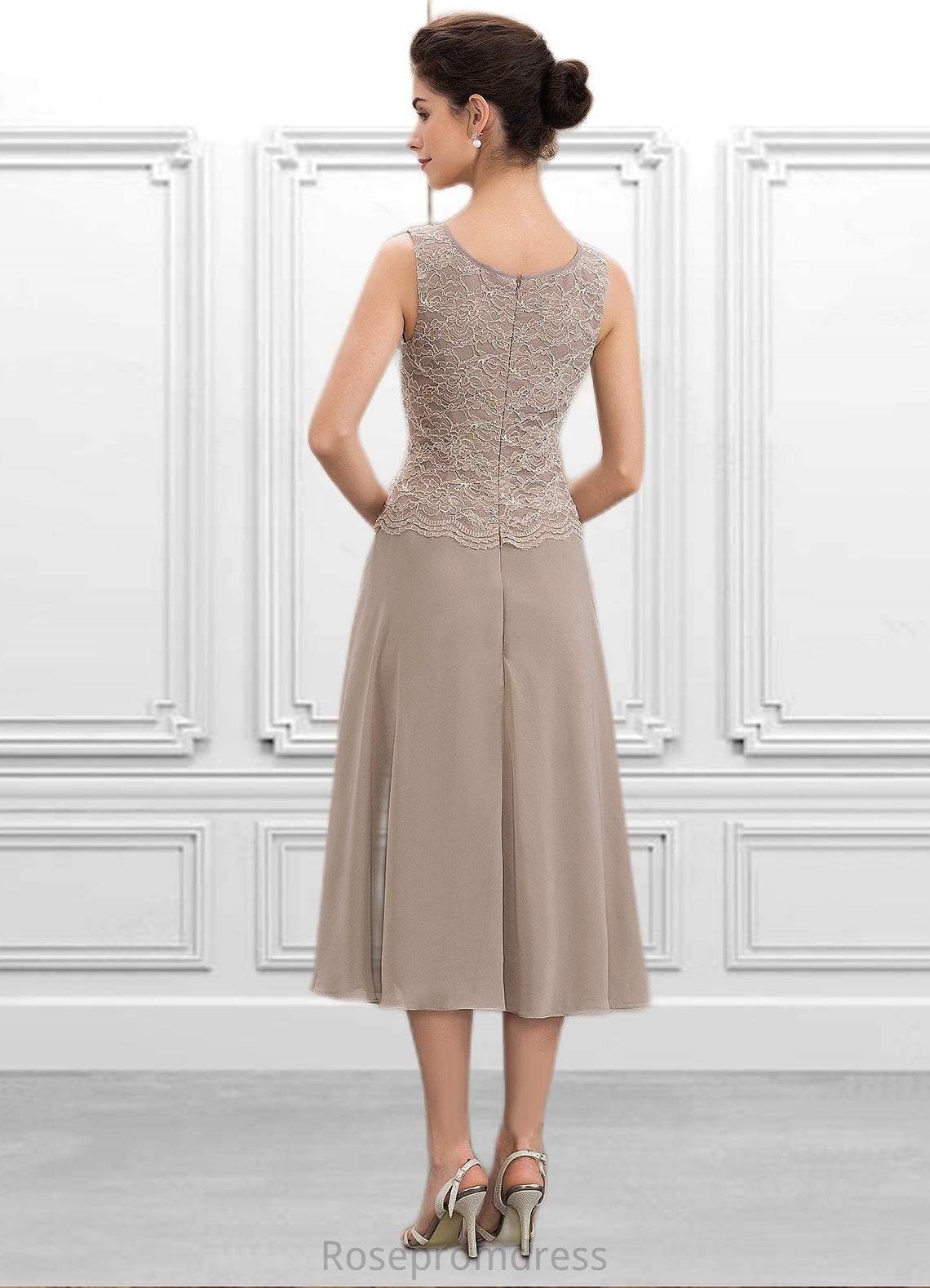 Rayna A-Line Scoop Neck Tea-Length Chiffon Lace Mother of the Bride Dress With Sequins SRS126P0014816