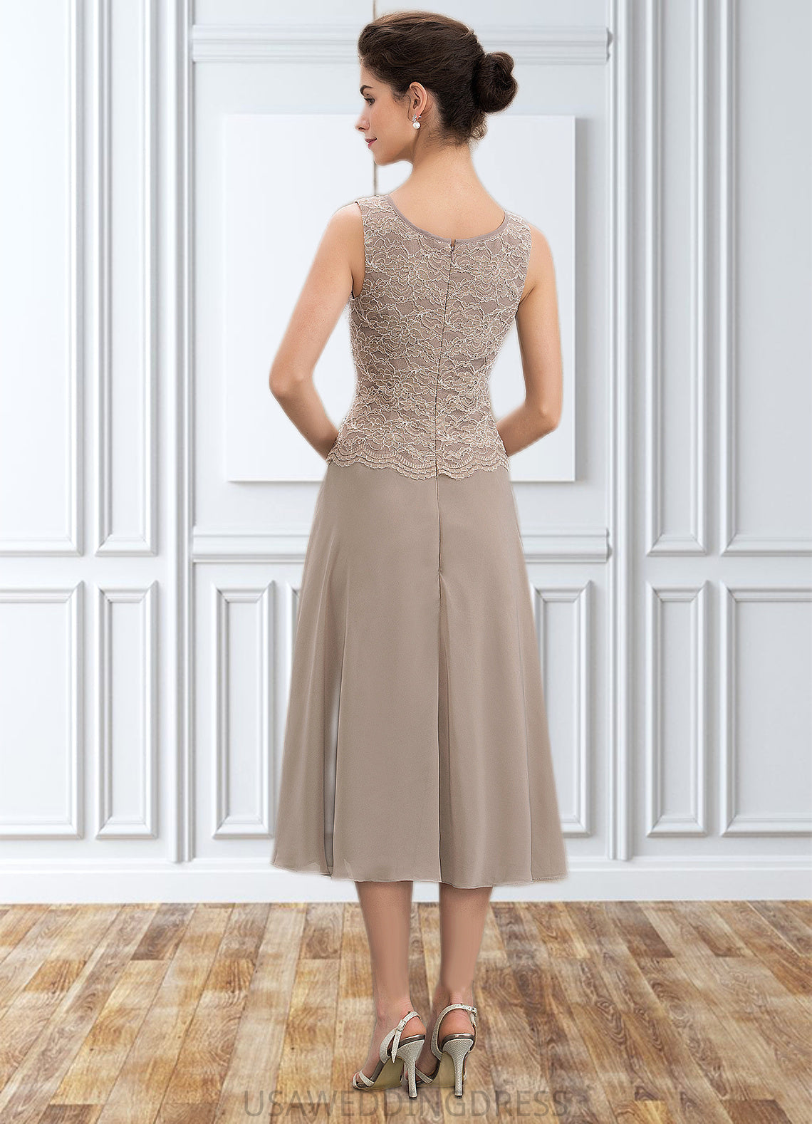 Lauretta A-Line Scoop Neck Tea-Length Chiffon Lace Mother of the Bride Dress With Sequins DS126P0014816