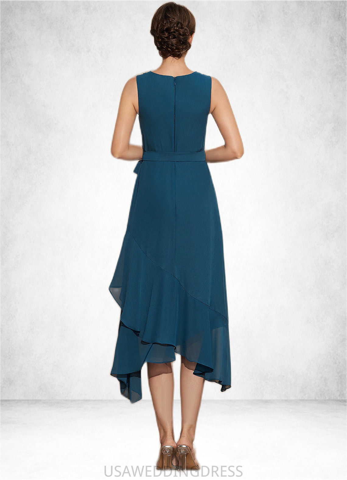 Rory A-Line Scoop Neck Asymmetrical Chiffon Mother of the Bride Dress With Beading Cascading Ruffles DS126P0014817