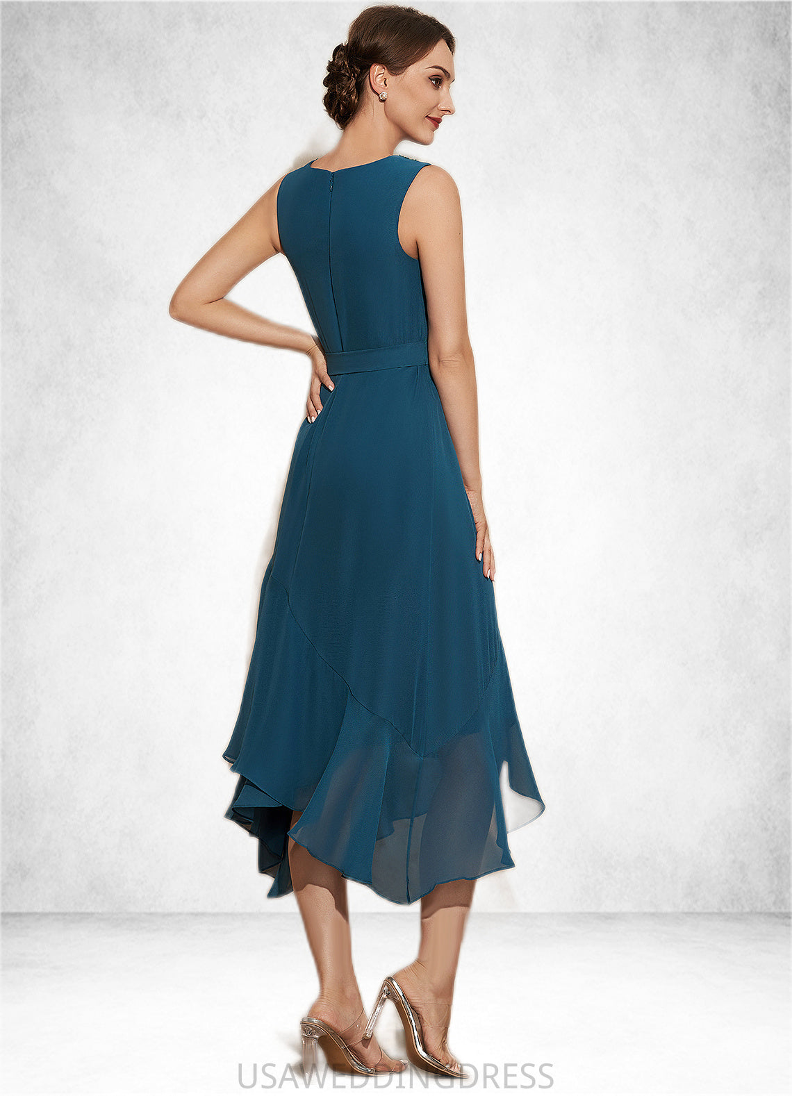 Rory A-Line Scoop Neck Asymmetrical Chiffon Mother of the Bride Dress With Beading Cascading Ruffles DS126P0014817