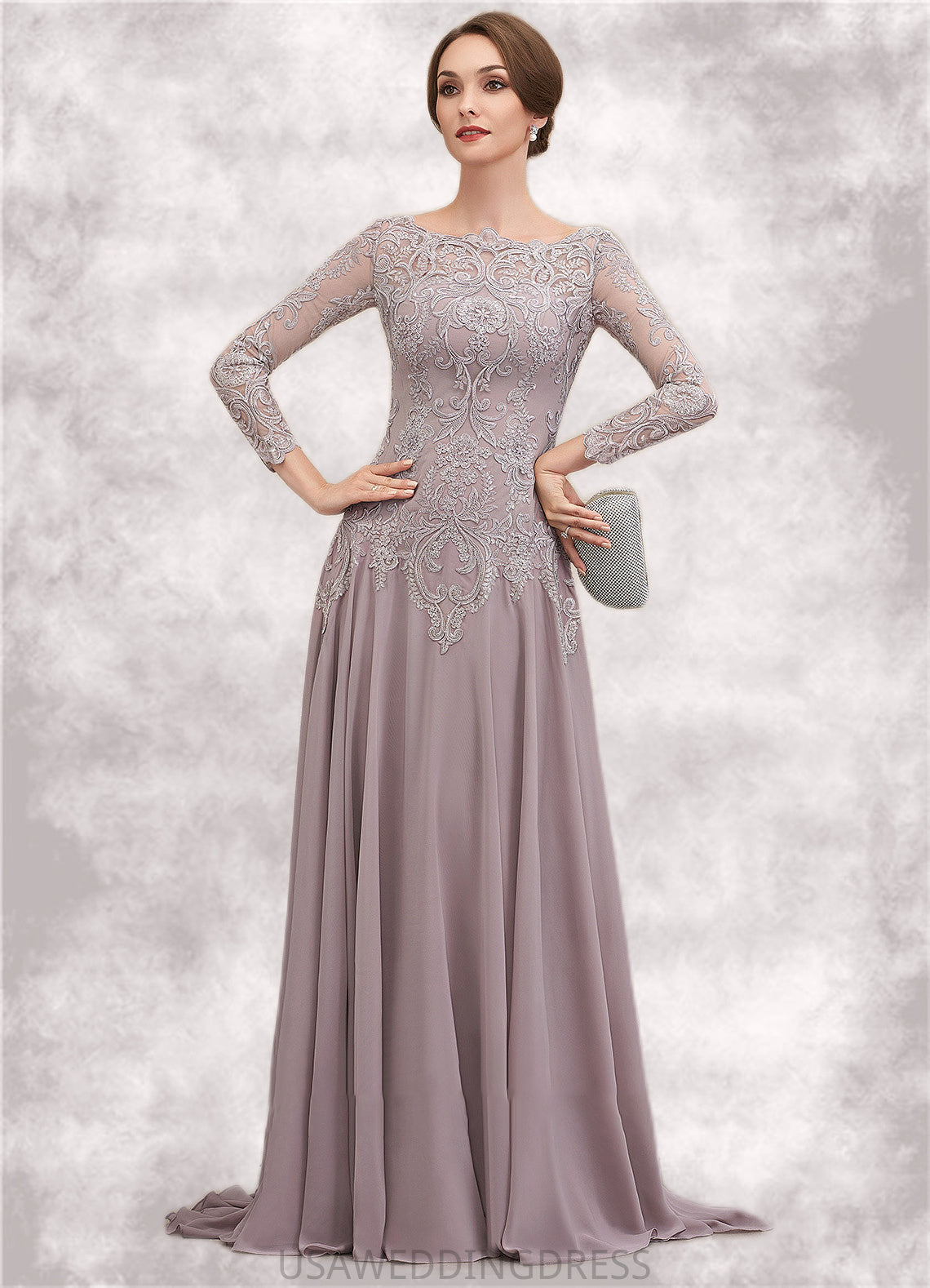 Joyce A-Line Scoop Neck Sweep Train Chiffon Lace Mother of the Bride Dress With Sequins DS126P0014819