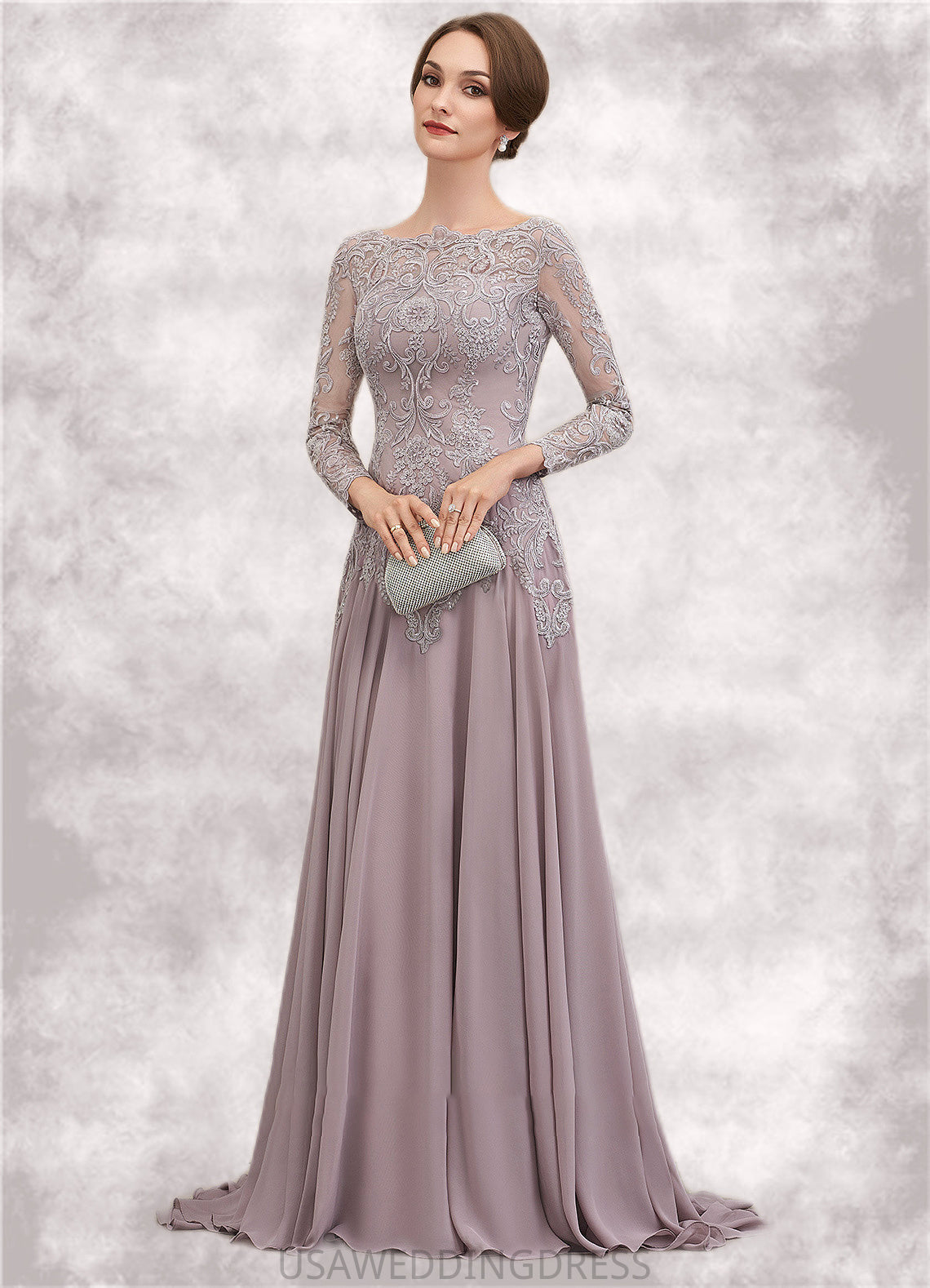 Joyce A-Line Scoop Neck Sweep Train Chiffon Lace Mother of the Bride Dress With Sequins DS126P0014819