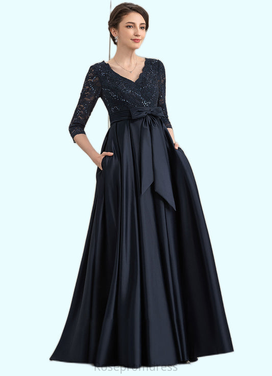 Brenna A-Line V-neck Floor-Length Satin Lace Mother of the Bride Dress With Sequins Bow(s) Pockets SRS126P0014820