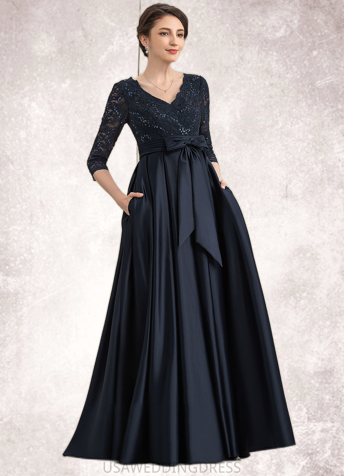 Anabelle A-Line V-neck Floor-Length Satin Lace Mother of the Bride Dress With Sequins Bow(s) Pockets DS126P0014820