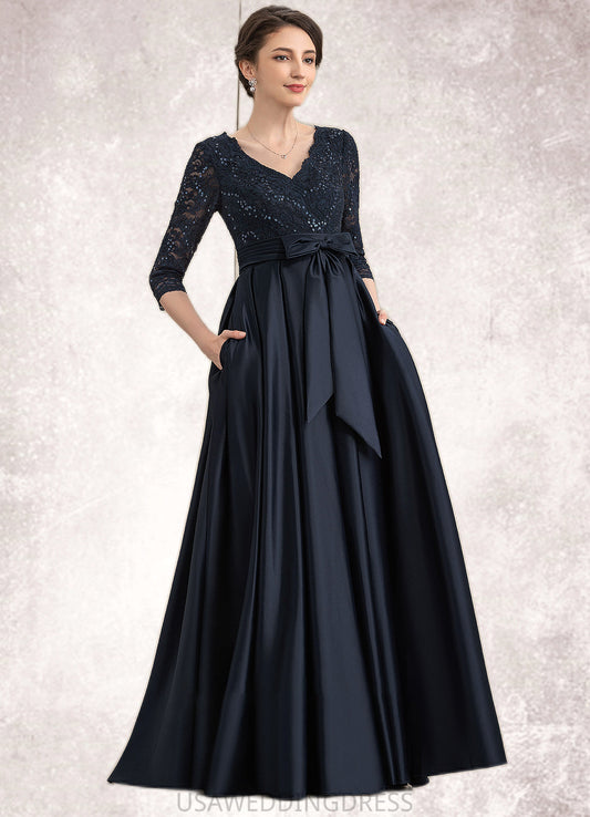 Anabelle A-Line V-neck Floor-Length Satin Lace Mother of the Bride Dress With Sequins Bow(s) Pockets DS126P0014820