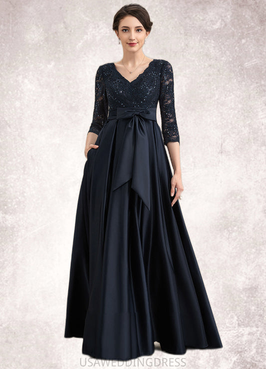 Anabelle A-Line V-neck Floor-Length Satin Lace Mother of the Bride Dress With Sequins Bow(s) Pockets DS126P0014820