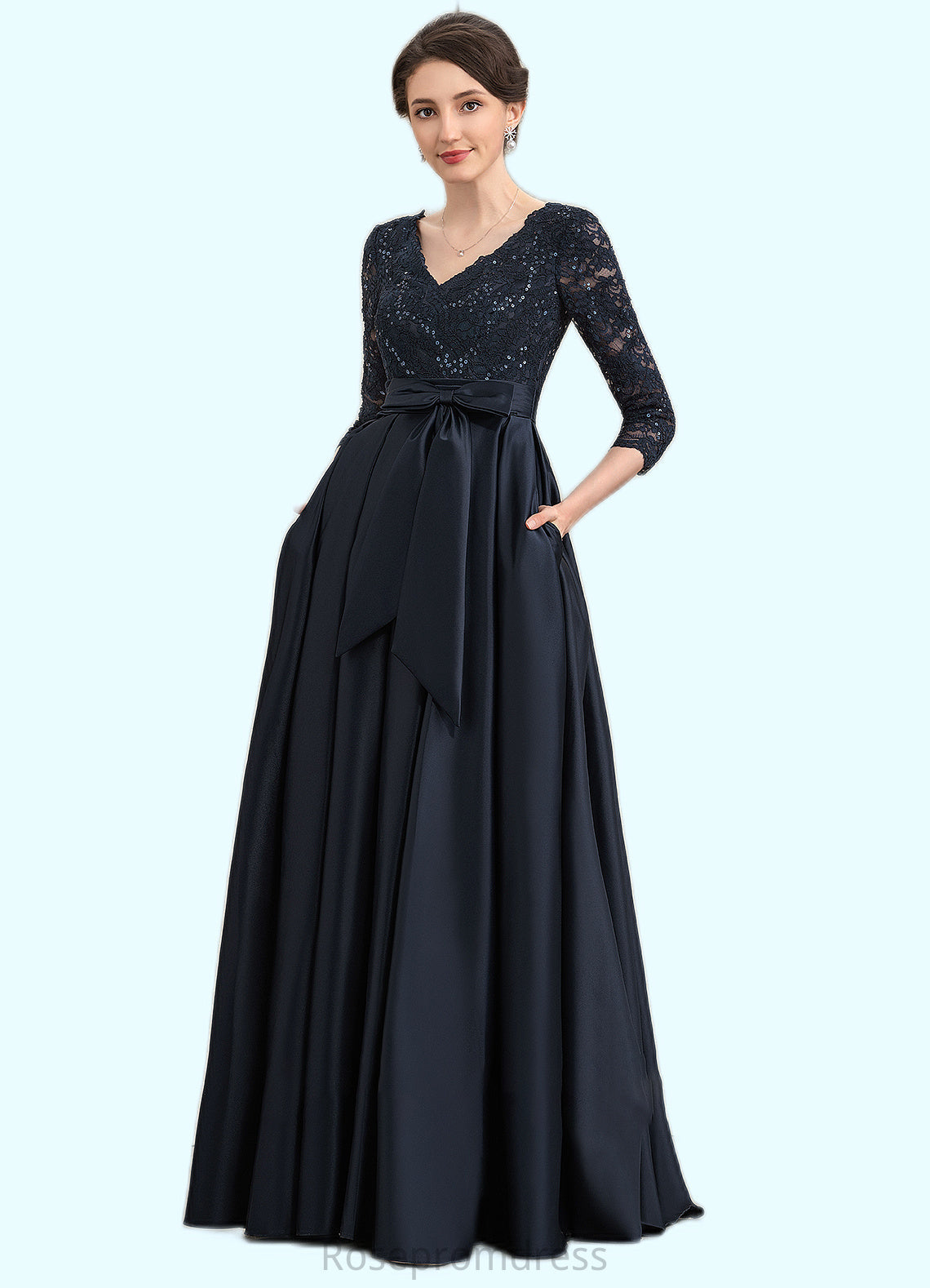 Brenna A-Line V-neck Floor-Length Satin Lace Mother of the Bride Dress With Sequins Bow(s) Pockets SRS126P0014820