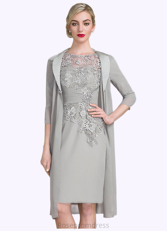 Trinity Sheath/Column Scoop Neck Knee-Length Chiffon Lace Mother of the Bride Dress With Ruffle Beading SRS126P0014821