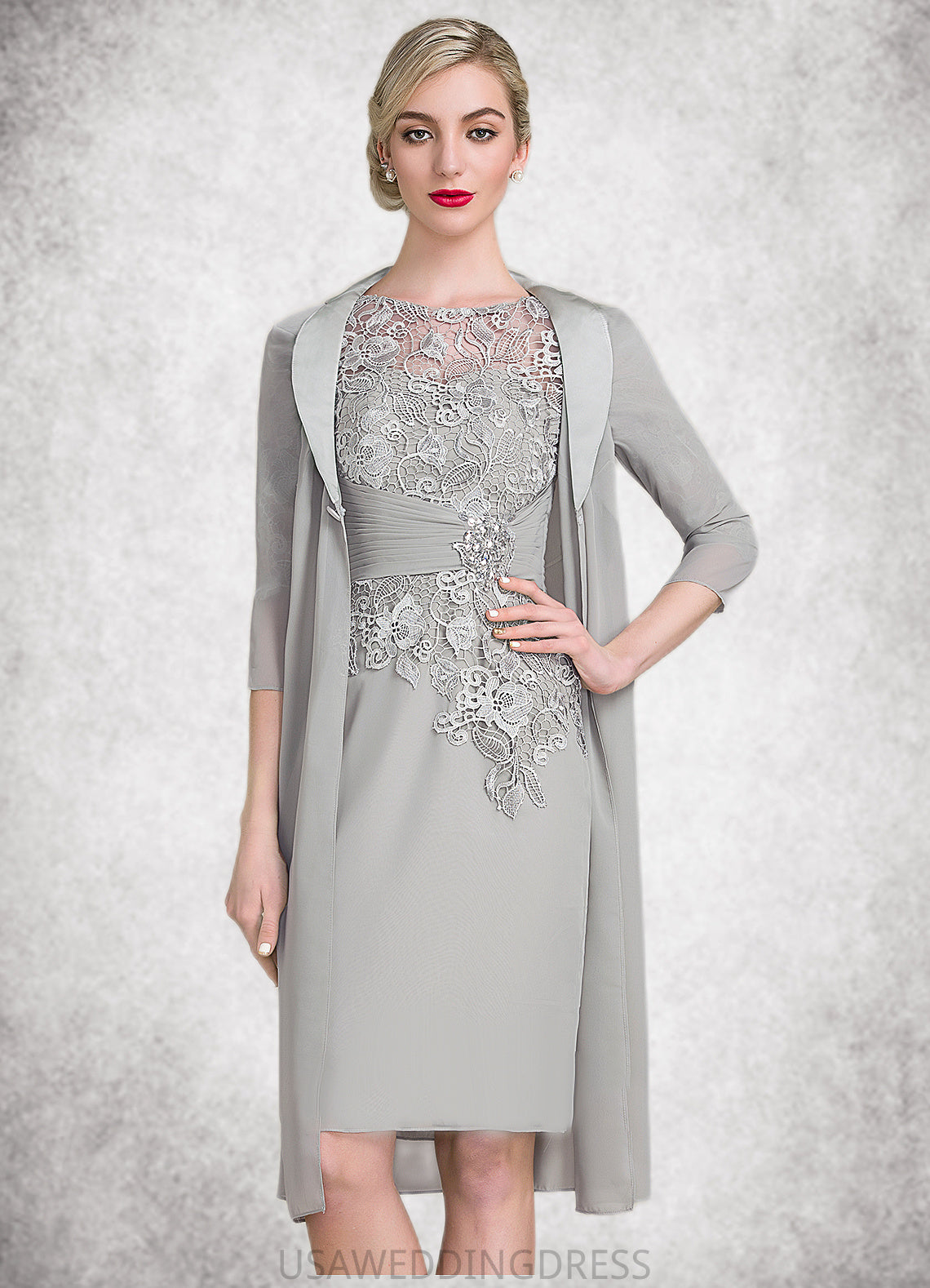 Lillian Sheath/Column Scoop Neck Knee-Length Chiffon Lace Mother of the Bride Dress With Ruffle Beading DS126P0014821