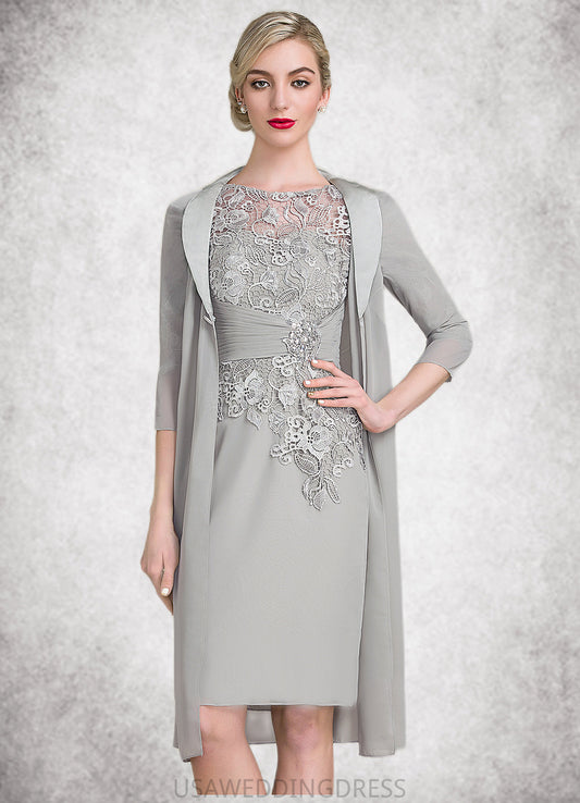 Lillian Sheath/Column Scoop Neck Knee-Length Chiffon Lace Mother of the Bride Dress With Ruffle Beading DS126P0014821