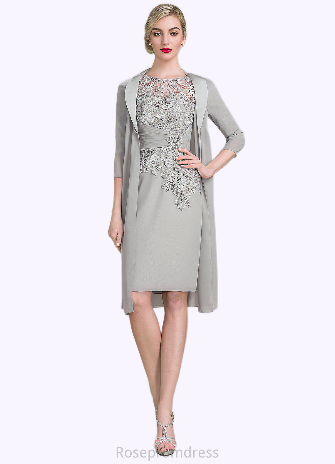 Trinity Sheath/Column Scoop Neck Knee-Length Chiffon Lace Mother of the Bride Dress With Ruffle Beading SRS126P0014821