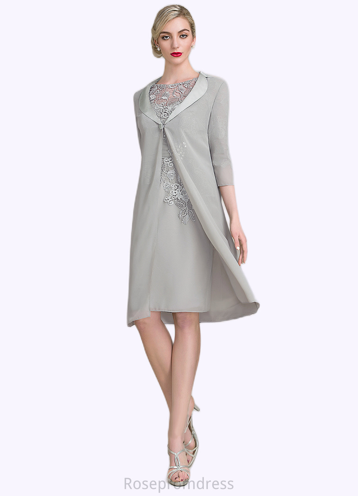 Trinity Sheath/Column Scoop Neck Knee-Length Chiffon Lace Mother of the Bride Dress With Ruffle Beading SRS126P0014821