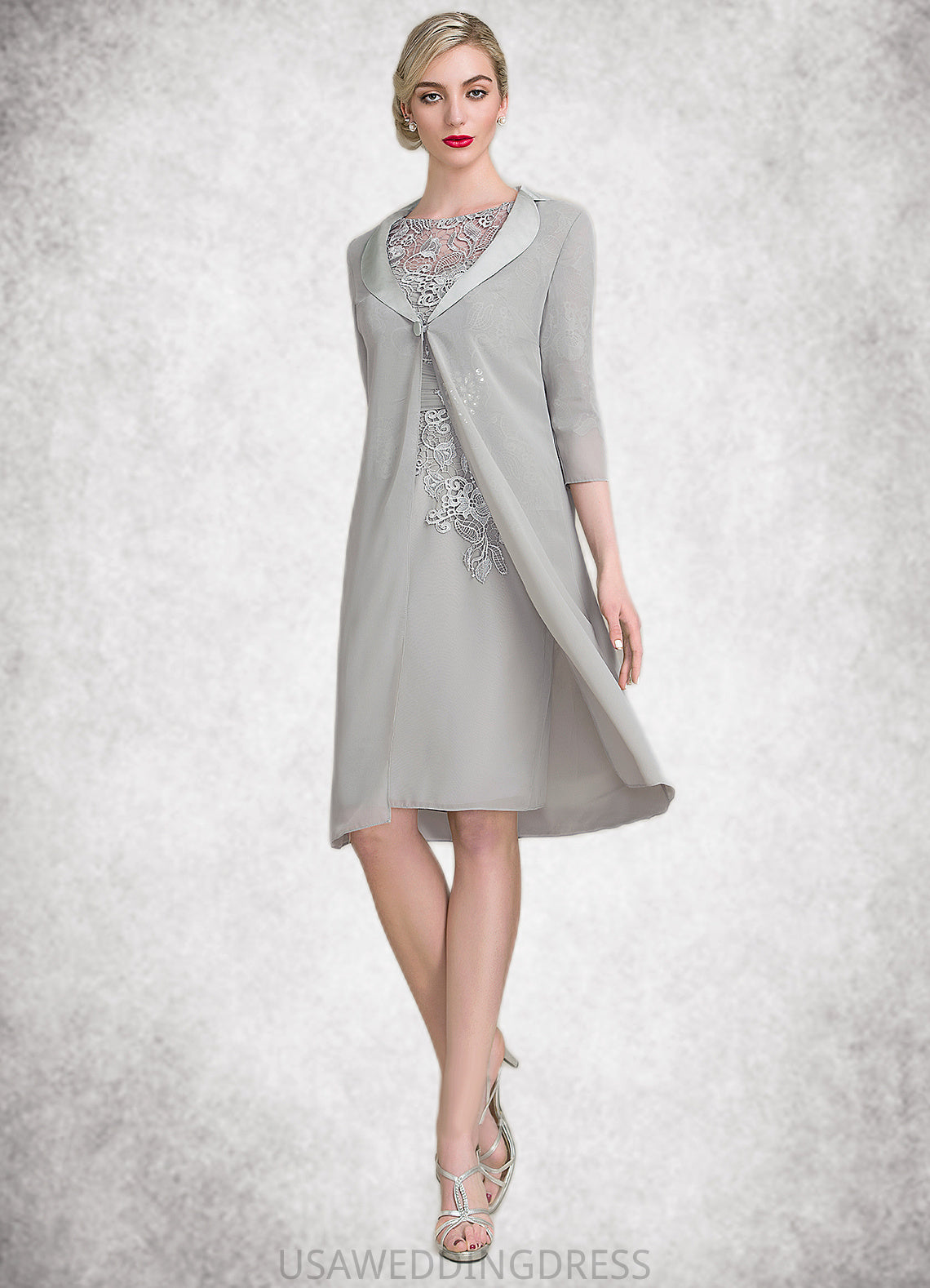 Lillian Sheath/Column Scoop Neck Knee-Length Chiffon Lace Mother of the Bride Dress With Ruffle Beading DS126P0014821
