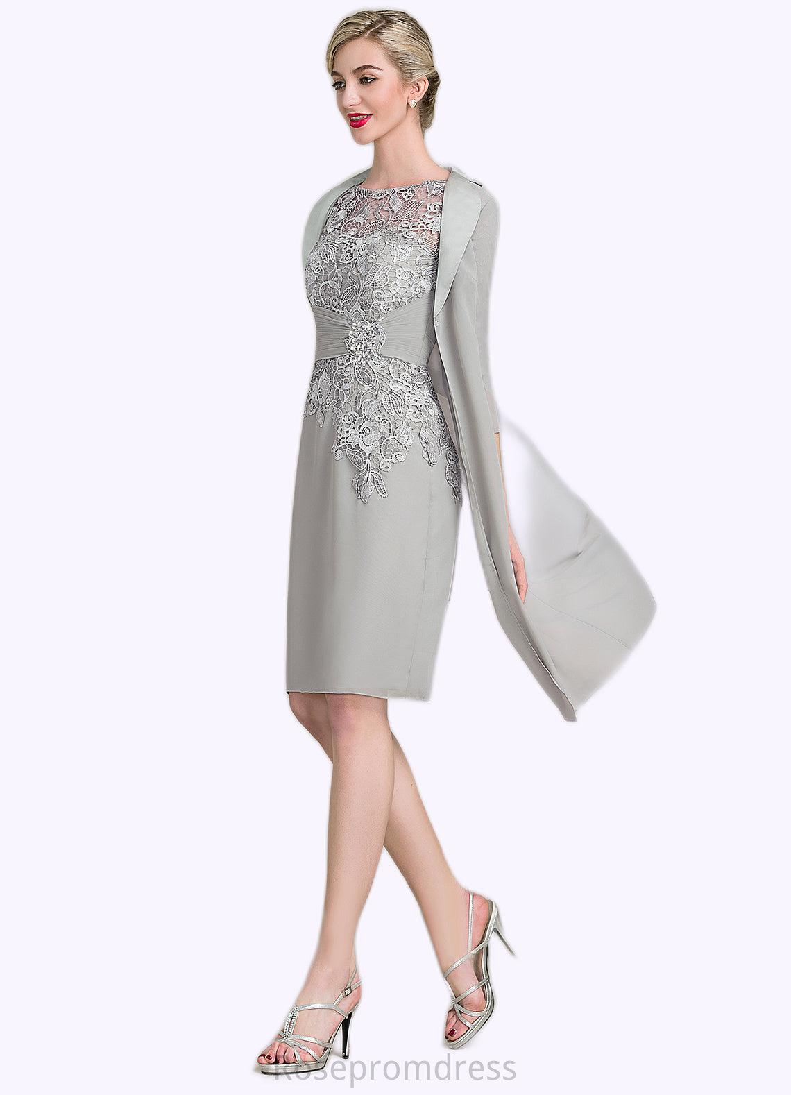 Trinity Sheath/Column Scoop Neck Knee-Length Chiffon Lace Mother of the Bride Dress With Ruffle Beading SRS126P0014821
