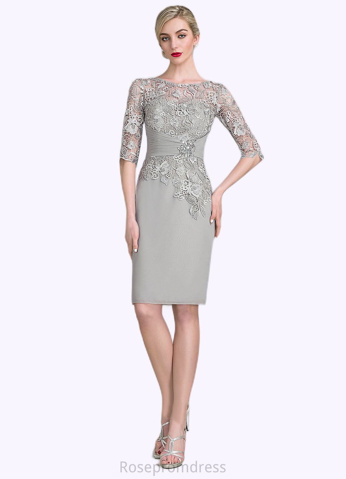 Trinity Sheath/Column Scoop Neck Knee-Length Chiffon Lace Mother of the Bride Dress With Ruffle Beading SRS126P0014821