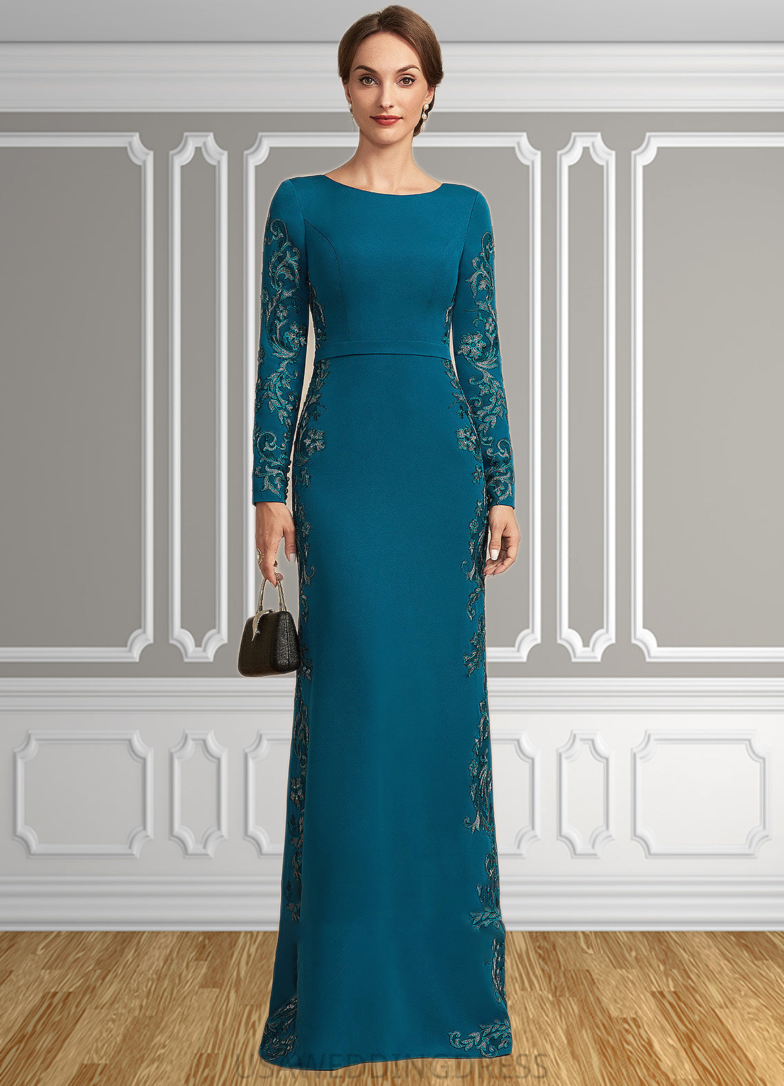 Saniya Sheath/Column Scoop Neck Floor-Length Stretch Crepe Mother of the Bride Dress With Appliques Lace DS126P0014822
