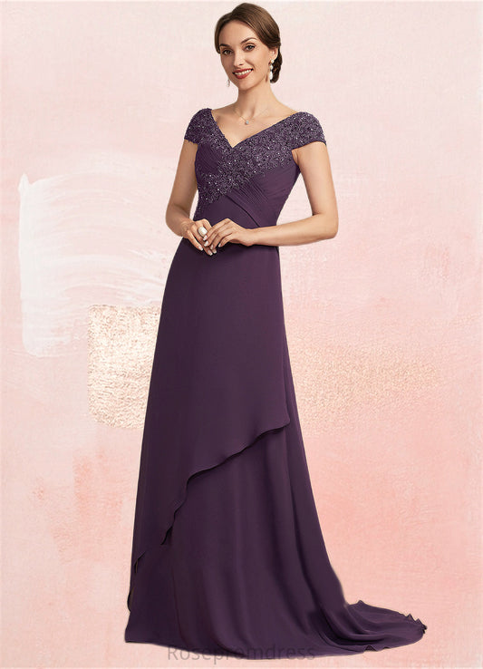 Maren A-Line V-neck Sweep Train Chiffon Lace Mother of the Bride Dress With Ruffle Beading SRS126P0014824