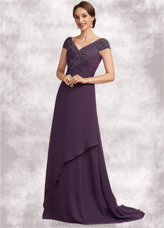 Kayden A-Line V-neck Sweep Train Chiffon Lace Mother of the Bride Dress With Ruffle Beading DS126P0014824