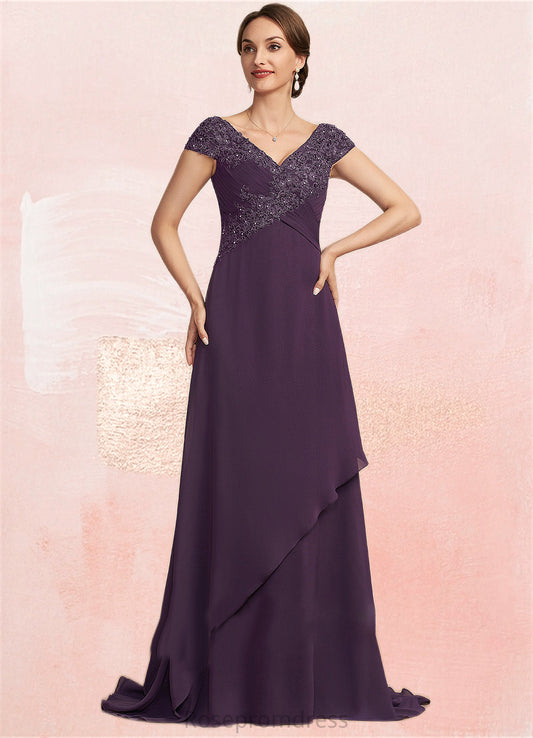 Maren A-Line V-neck Sweep Train Chiffon Lace Mother of the Bride Dress With Ruffle Beading SRS126P0014824