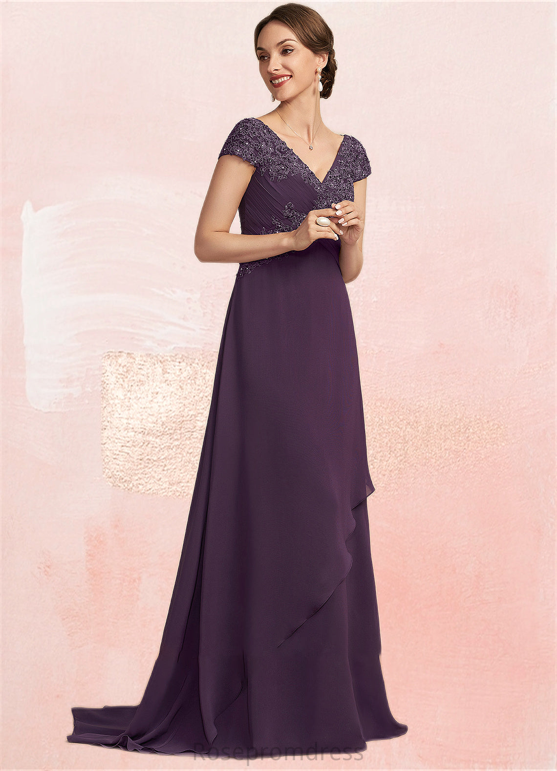 Maren A-Line V-neck Sweep Train Chiffon Lace Mother of the Bride Dress With Ruffle Beading SRS126P0014824