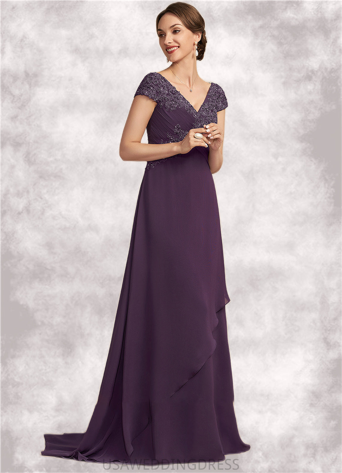 Kayden A-Line V-neck Sweep Train Chiffon Lace Mother of the Bride Dress With Ruffle Beading DS126P0014824