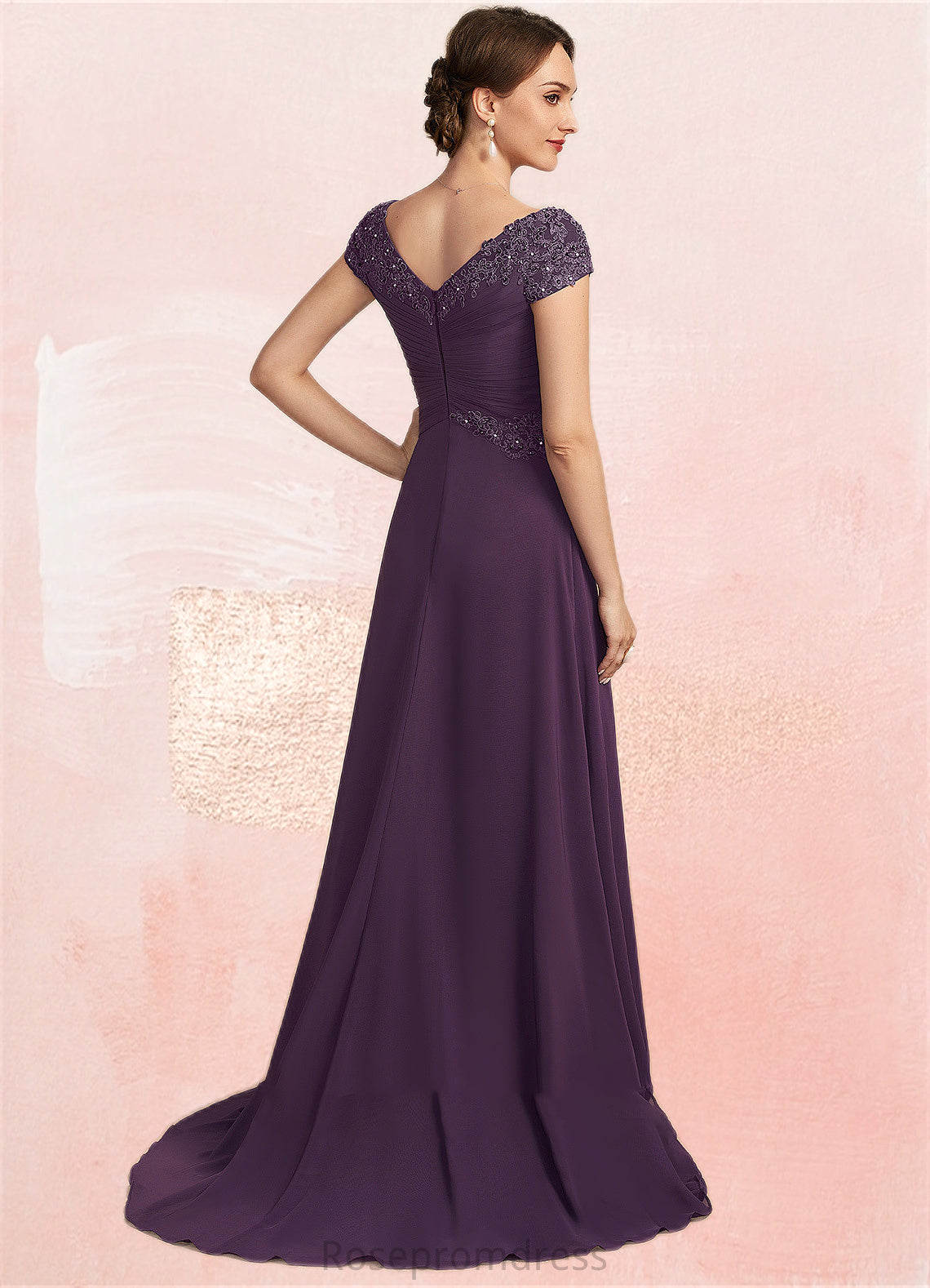 Maren A-Line V-neck Sweep Train Chiffon Lace Mother of the Bride Dress With Ruffle Beading SRS126P0014824
