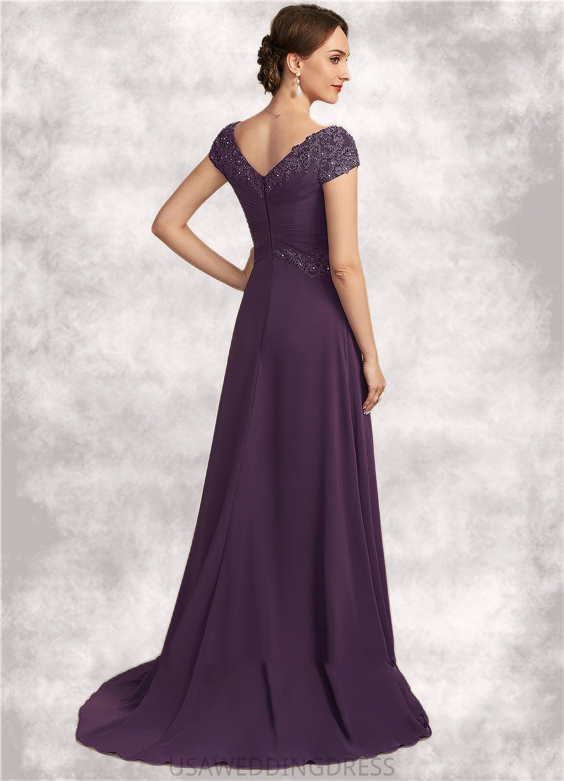 Kayden A-Line V-neck Sweep Train Chiffon Lace Mother of the Bride Dress With Ruffle Beading DS126P0014824
