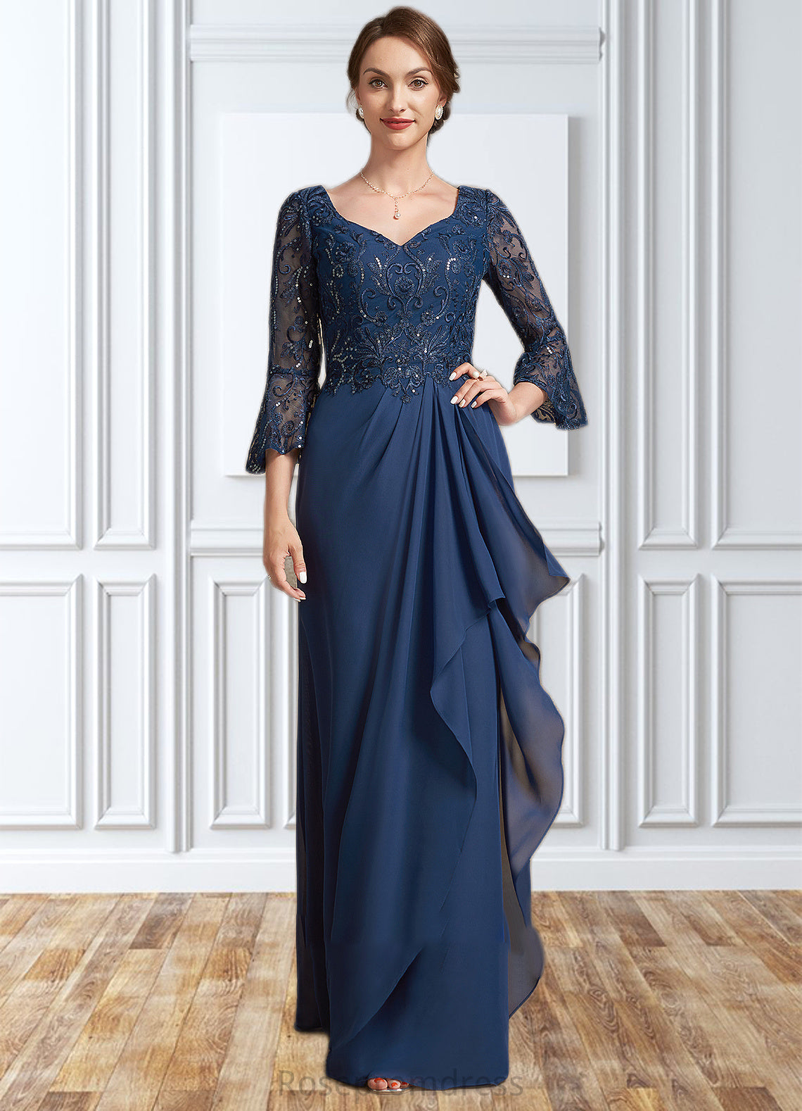 Camila A-Line V-neck Floor-Length Chiffon Lace Mother of the Bride Dress With Sequins Cascading Ruffles SRS126P0014825