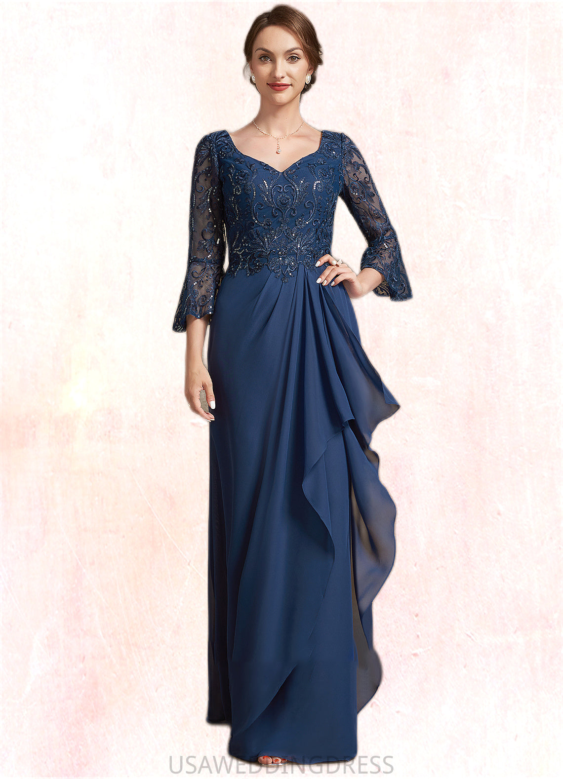 Gabriella A-Line V-neck Floor-Length Chiffon Lace Mother of the Bride Dress With Sequins Cascading Ruffles DS126P0014825