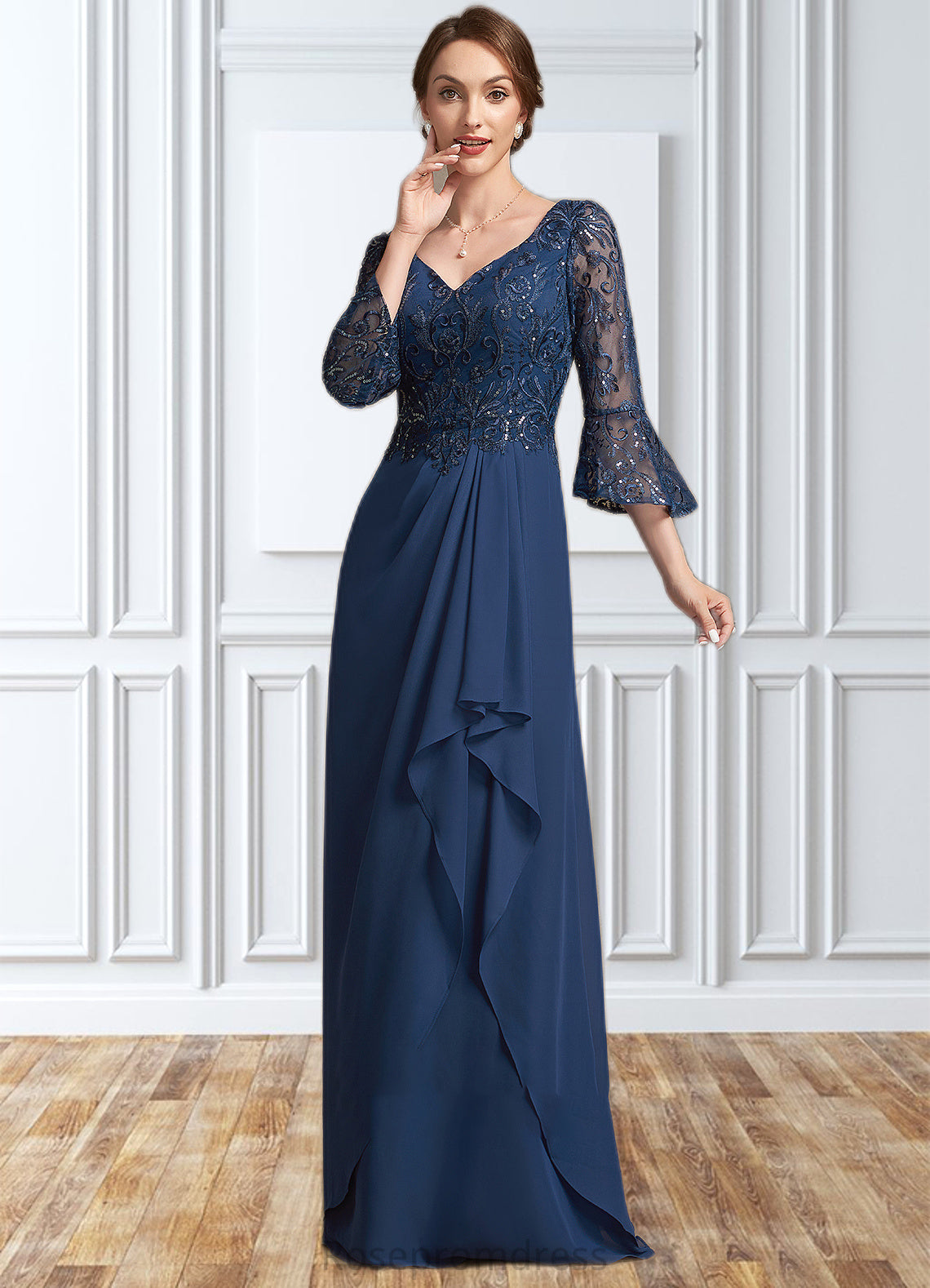 Camila A-Line V-neck Floor-Length Chiffon Lace Mother of the Bride Dress With Sequins Cascading Ruffles SRS126P0014825