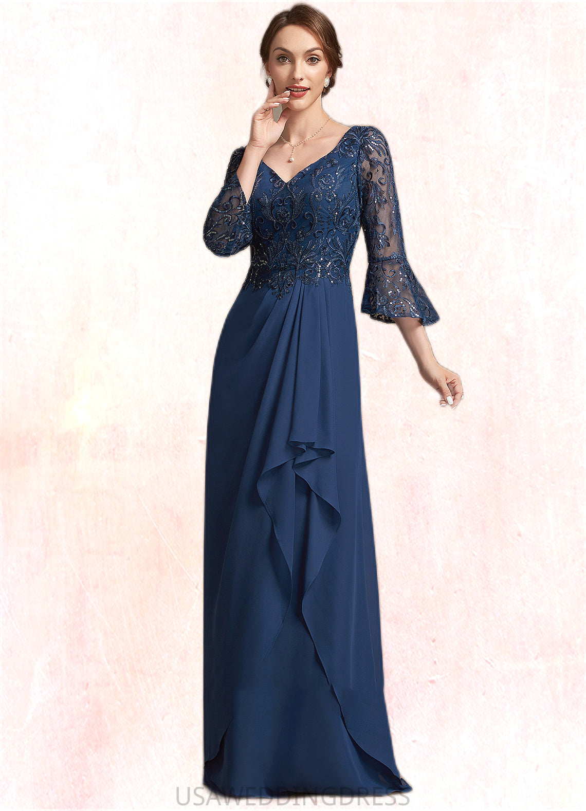 Gabriella A-Line V-neck Floor-Length Chiffon Lace Mother of the Bride Dress With Sequins Cascading Ruffles DS126P0014825