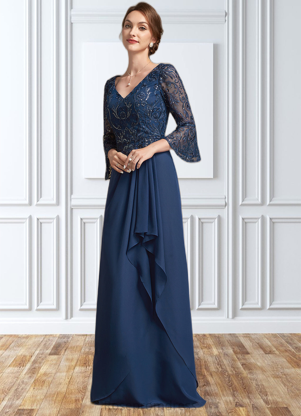 Camila A-Line V-neck Floor-Length Chiffon Lace Mother of the Bride Dress With Sequins Cascading Ruffles SRS126P0014825